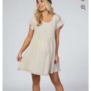 Beige Linen Crochet Shoulder Ruffle Trim Maternity Dress